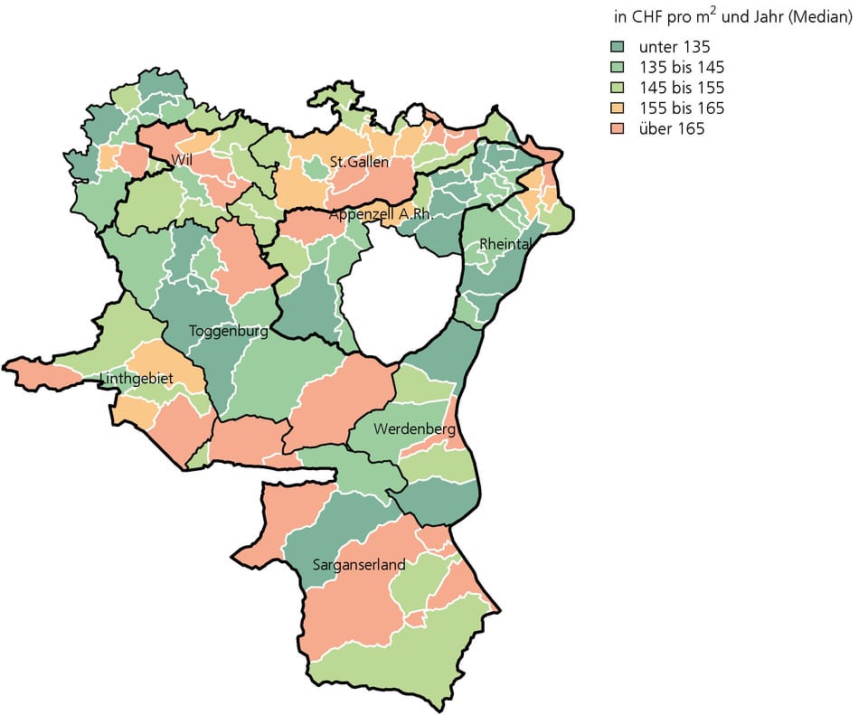 Karte zu Mietpreisen von Büroflächen im ganzen Kanton St.Gallen

