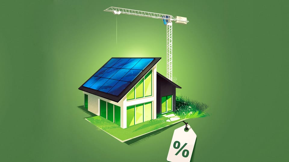 Illustration eines nachhaltigen Einfamilienhauses mit Solarpanels auf dem Dach und einem Baukran im Hintergrund