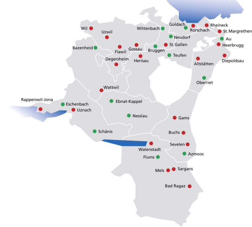 Karte mit Marktgebieten und verzeichneten Niederlassungen der St.Galler Kantonalbank 