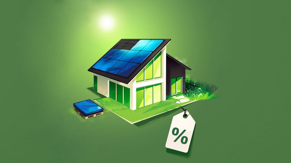 Illustration eines Einfamilienhauses, bei dem eine Photovoltaikanlage auf dem Dach installiert wird