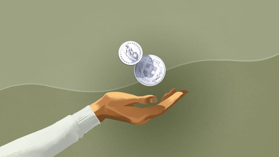 Illustration für die Anlagestrategie Einkommen - Zwei Münzen fallen in eine Hand