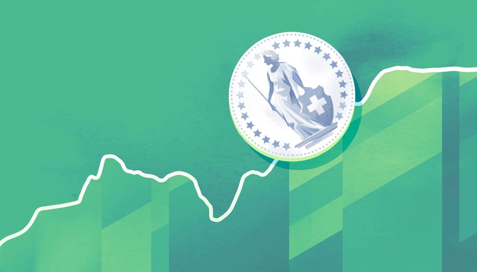 Illustration St.Galler Finanzberatung - Steigender Börsenkurs und eine silberne Schweizer Münze