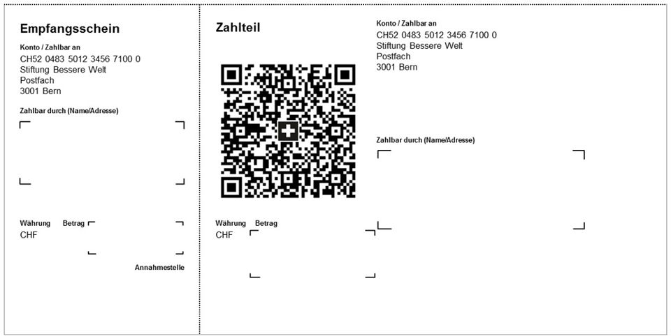 Beispiel einer QR-Rechnung bestehend aus Empfangsschein und Zahlteil
