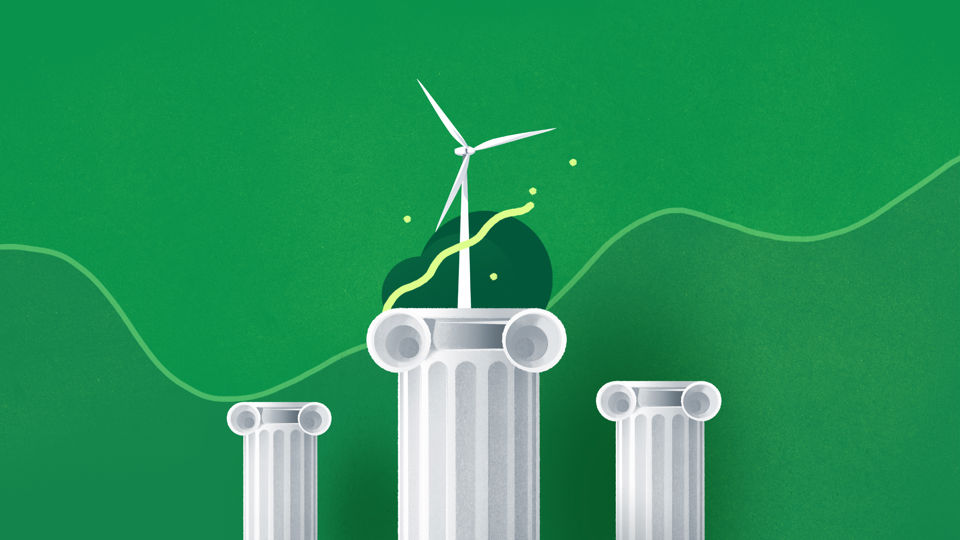 Illustration für Vorsorgefonds Ausgewogen Eco - Drei klassische, ionische Säulen mit Windrad