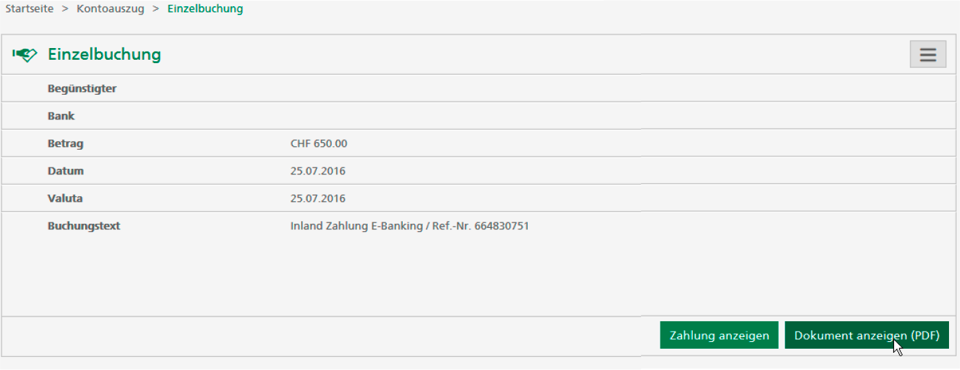 SGKB E-Banking: Aufruf eines Einzelbelegs