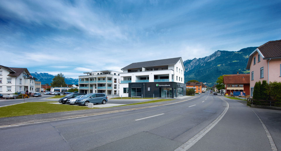 Ansicht vom Gebäude der Niederlassung der St.Galler Kantonalbank in Sevelen
