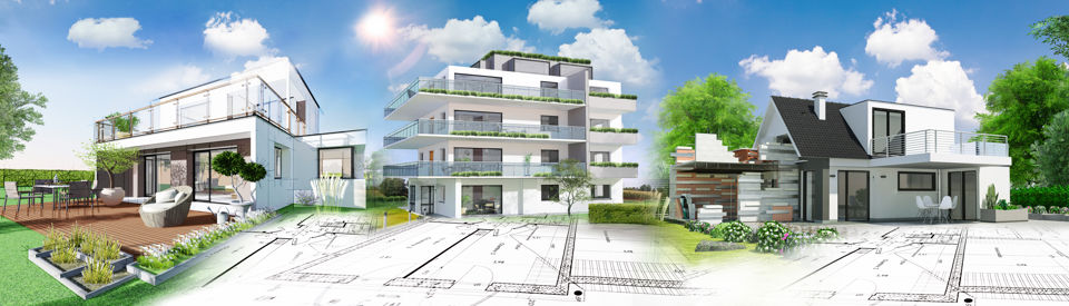 Collage mehrerer 3D-Visualiserungen und Grundrisse von Wohnungen und Häusern
