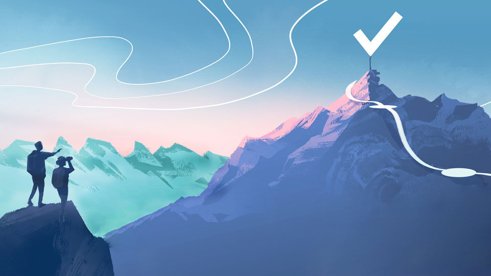 Illustration St.Galler Finanzberatung - Zwei Bergsteiger schauen auf einen entfernten Berg als Ziel