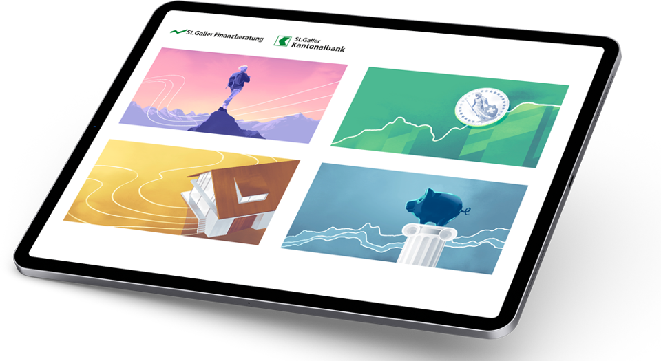 Die vier Schwerpunkte der St.Galler Finanzberatung als Kacheln auf einem Tablet
