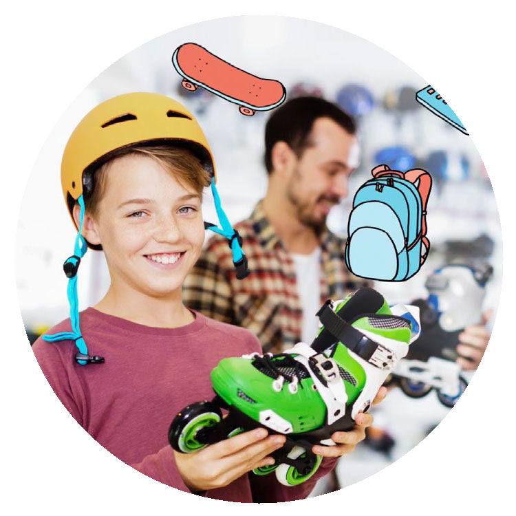 Junge mit hellgrünem Rollerblade und einem gelben Sturzhelm.