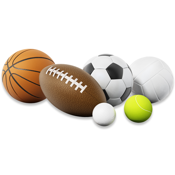 Verschiedenes Equipment unterschiedlicher Sportarten wie Fussball, Basketball, American Football