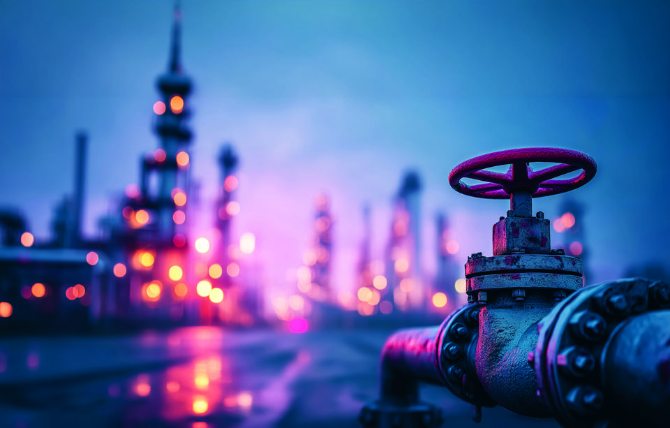 Pipeline für Erdöl mit Armatur: Titelbild des Anlagemagazins /sicht herausgegeben von der St. Galler Kantonalbank, Ausgabe Juli 2026 zum Thema "Erdöl: mehr 
als nur ein Schmierstoff"