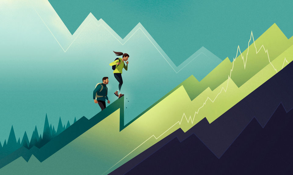 Illustration von Wanderern, die auf einer Aktienkurve bergauf wandern