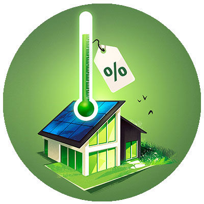 Illustration eines nachhaltigen Einfamilienhauses mit Solarpanels auf dem Dach und einem Thermometer im Vordergrund