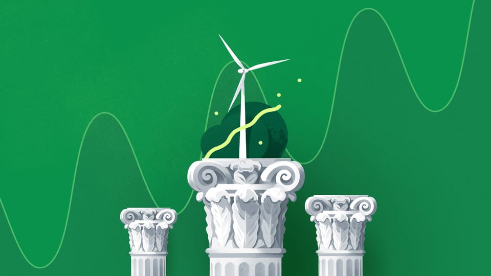 Illustration für Vorsorgefonds Kapitalgewinn Eco - Drei klassische, korinthische Säulen mit Windrad