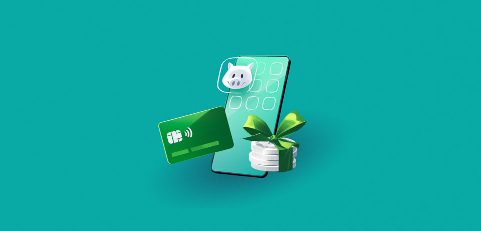 Illustration eines Smartphones mit Spar-App, einer Bankkarte und eines Münzstapel für SGKB You