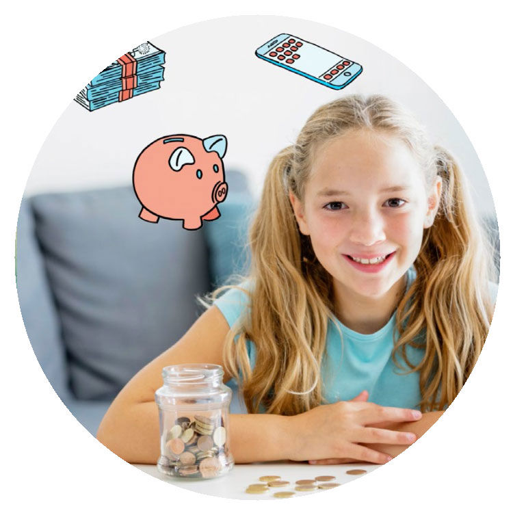 Mädchen mit einer Sparkasse an einem Tisch sitzend.
