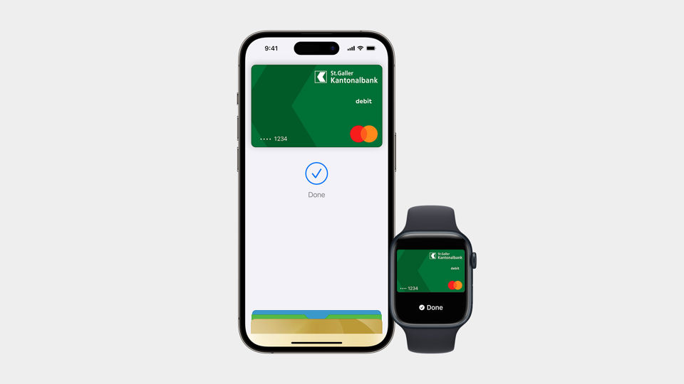 Debit Mastercard der SGKB auf einem iPhone und einer Apple Watch für mobiles Bezahlen