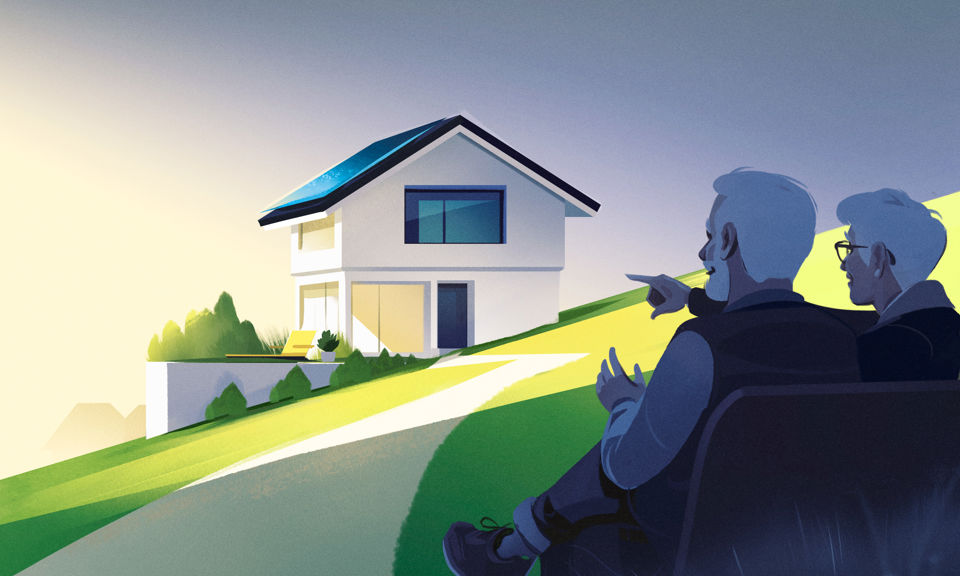 Illustration eines alten Ehepaar, das auf ein Einfamilienhaus zeigt