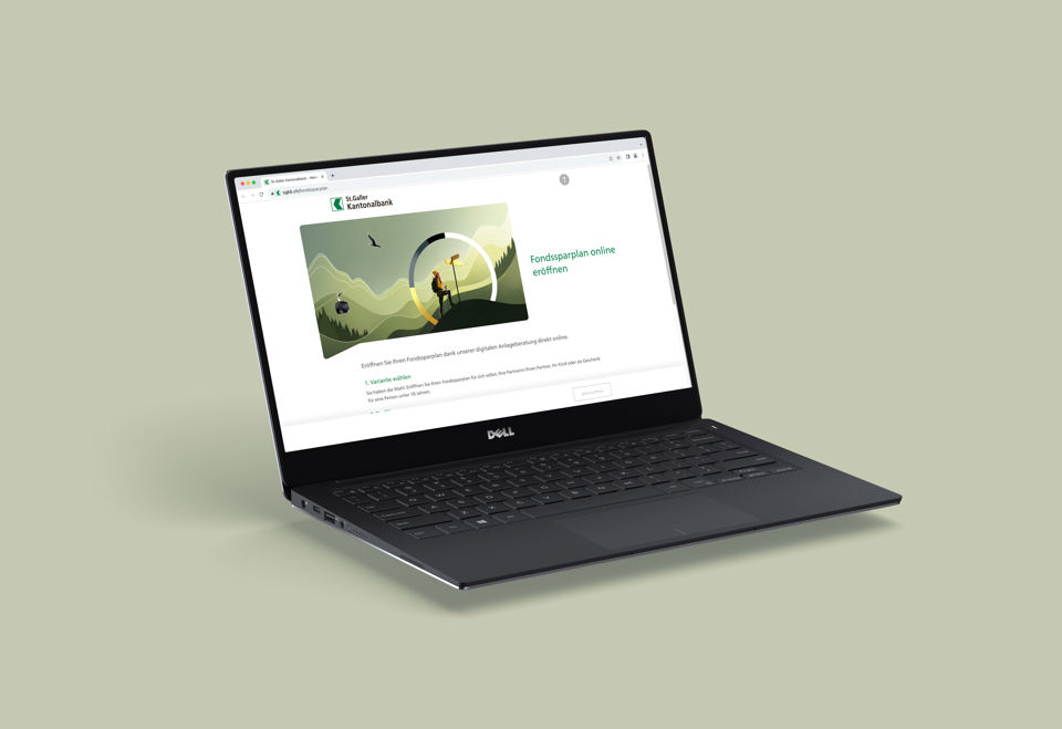 Laptop mit der Fondssparplan-Eröffnung auf der Website der St.Galler Kantonalbank