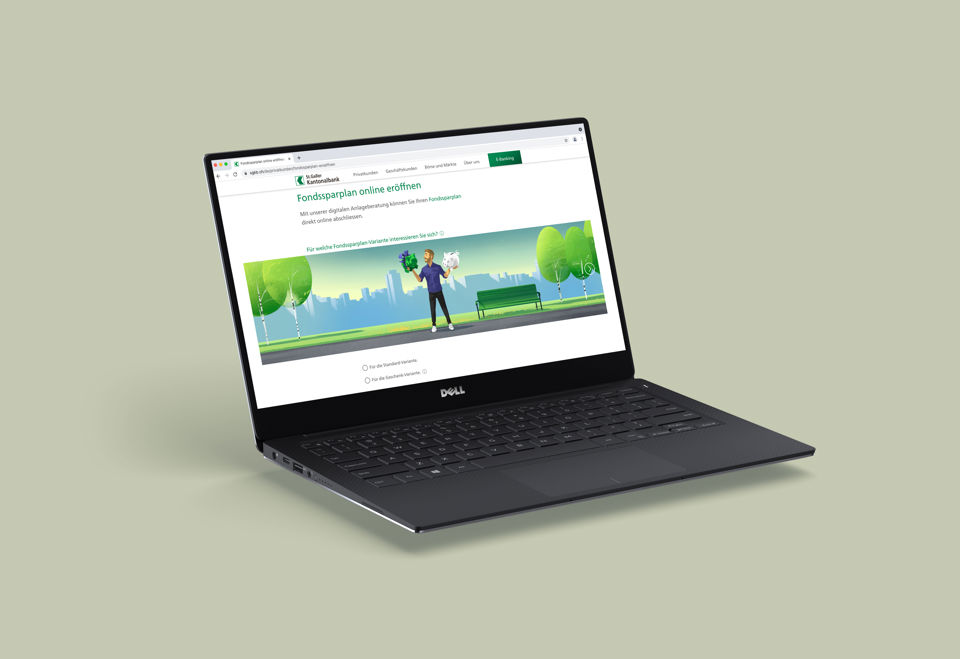 Laptop mit der Fondssparplan-Eröffnung auf der Website der St.Galler Kantonalbank