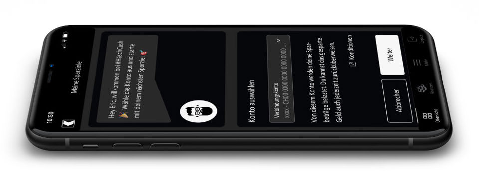 Startscreen der SGKB Spar-App HäschCash im Dark Mode auf einem Smartphone