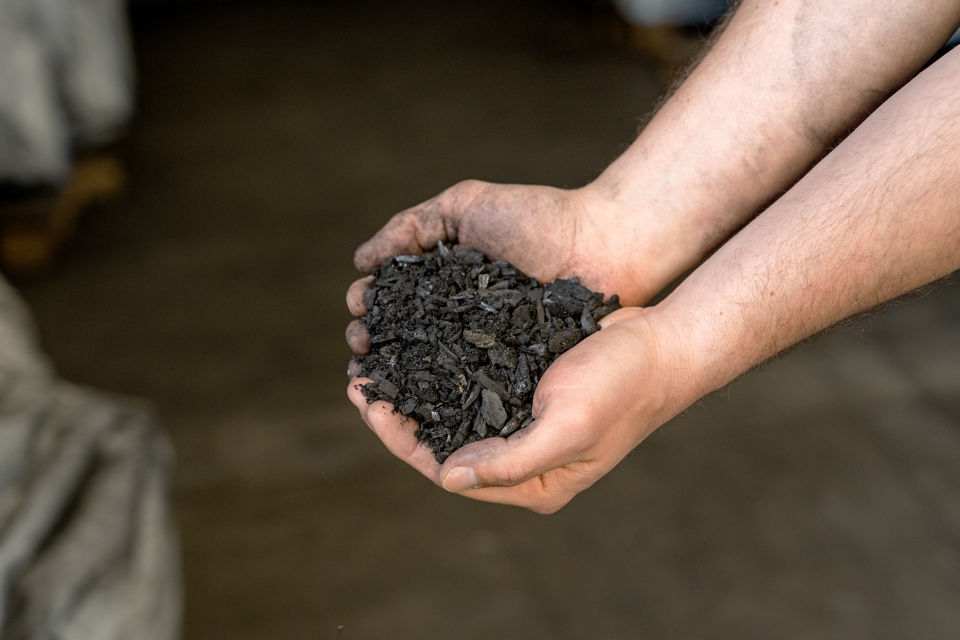 Eine Hand voll Pflanzenkohle der Inkoh AG als CO2-Senke