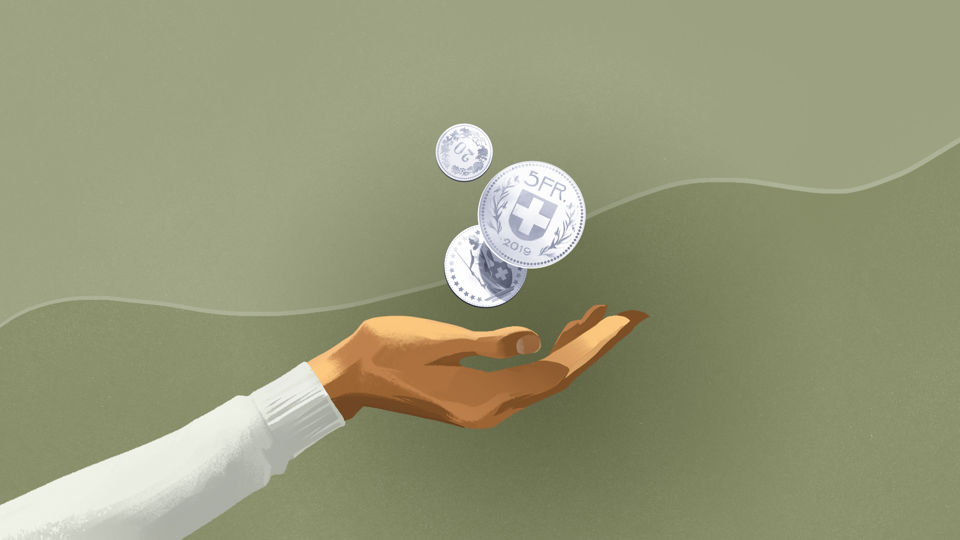 Illustration für die Anlagestrategie Einkommen Plus - Drei Münzen fallen in eine Hand