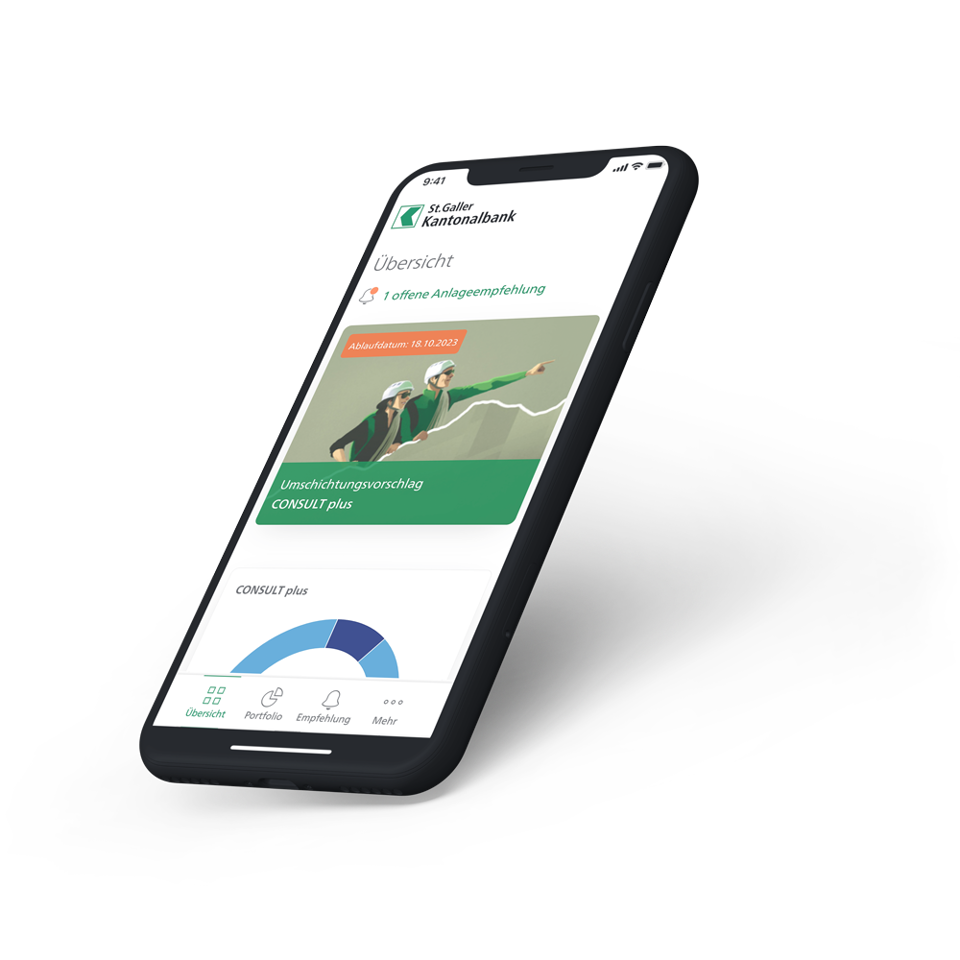 Smartphone zeigt die Ansicht von Anlageempfehlungen unter "Meine Anlagen" in der SGKB App
