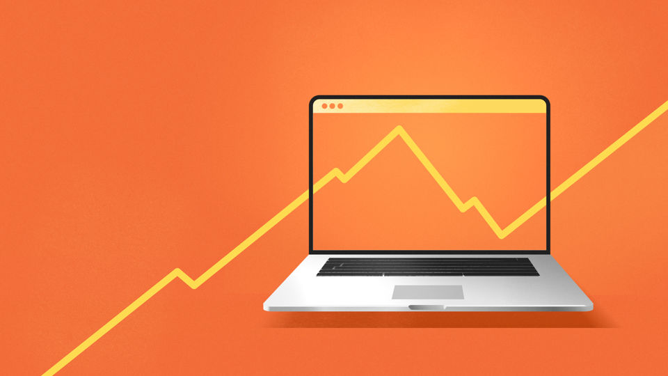 Illustration eines aufgeklappten Laptops mit Konjunkturkurve auf dem Display