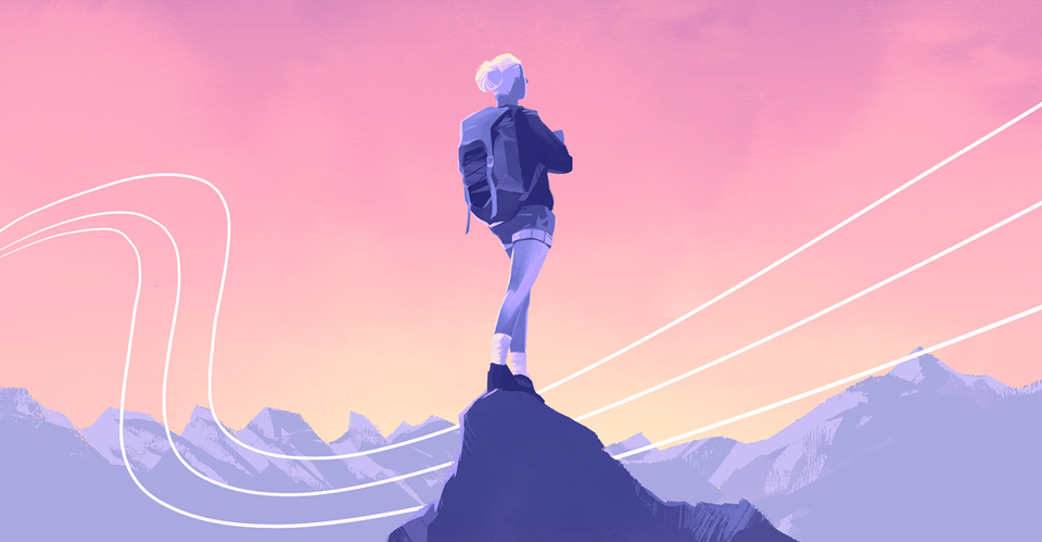 Illustration St.Galler Finanzberatung - Bersteigerin steht auf einem Berggipfel vor Bergpanorama