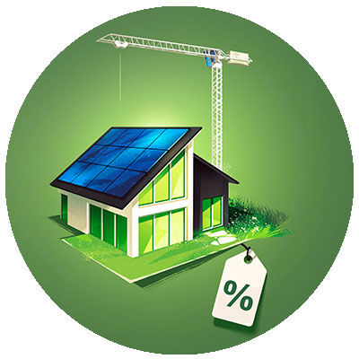 Illustration eines nachhaltigen Einfamilienhauses mit Solarpanels auf dem Dach und einem Baukran im Hintergrund