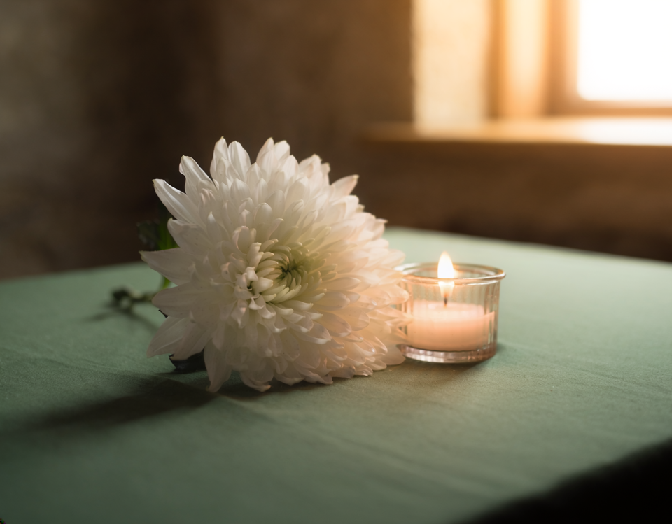 Weisse Chrysantheme und ein Teelicht auf einem Tisch im Gedenken an einen verstorbenen Menschen