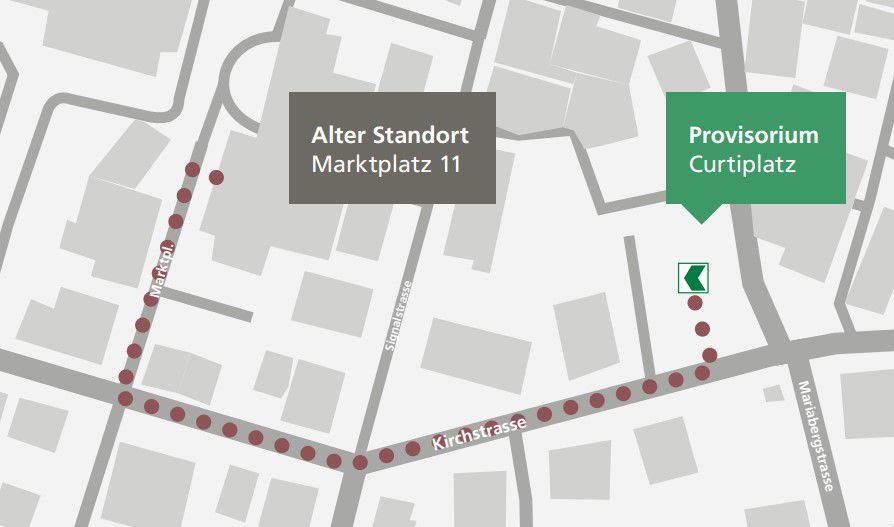 Karte vom neuen Standort der St.Galler Kantonalbank in Rorschach (Curtiplatz) während der Umbauarbeiten der Niederlassung am Marktplatz 11