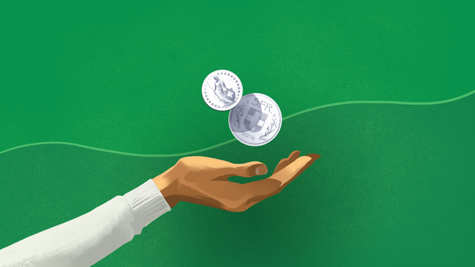 Illustration für die Anlagestrategie Einkommen Eco - Zwei Münzen fallen in eine Hand